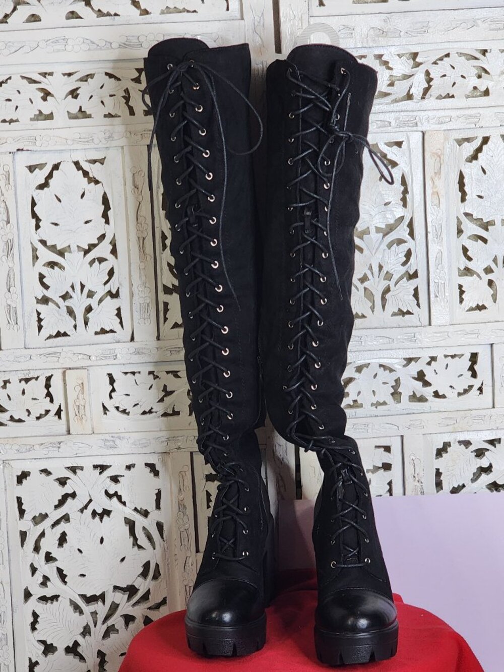Fashion Nova Los Angeles Black Blogger Suede Over The Knee Lace Up Boots Sz 8.5M - Picture 5 of 16